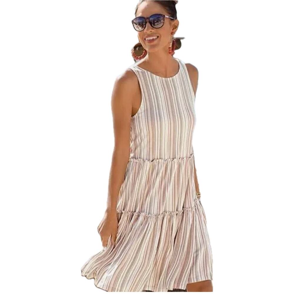 Lascana Flowy Tiered Tank Dress Women's 4 (36) | Brown White Striped | NWT